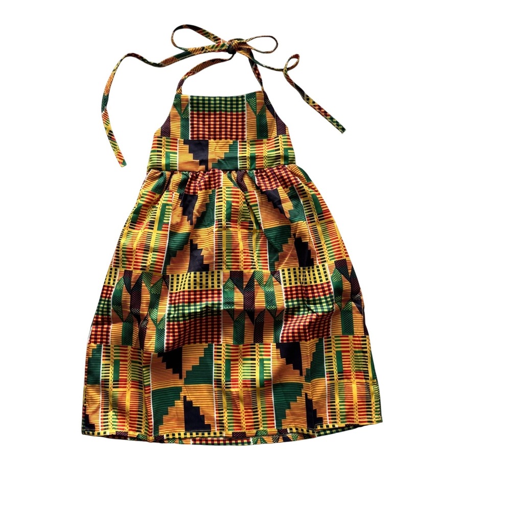 Girls Kente Print Halter Dress African Geometric Yellow Green Red Size 2T